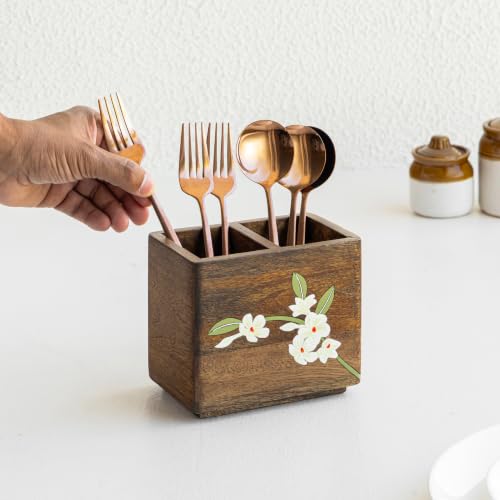 Image of Aurum Crafts Bella Mango Wood Cutlery Stand | Spoon & Fork Stand for Kitchen | Cutlery Holder for Dining Table | Multipurpose Kitchen Organizer (15 x 15 x 15 cm / 6 x 5 x 5 inches)