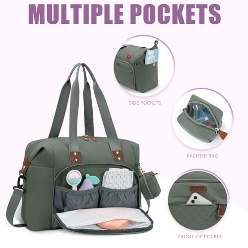 Image of Tuwubi Diaper Bag Tote,Baby Diaper Bag with Pacifier Case Large Travel Diaper Tote Caddy for Mom and Dad Multifunction Baby Bag - M-Olive Green