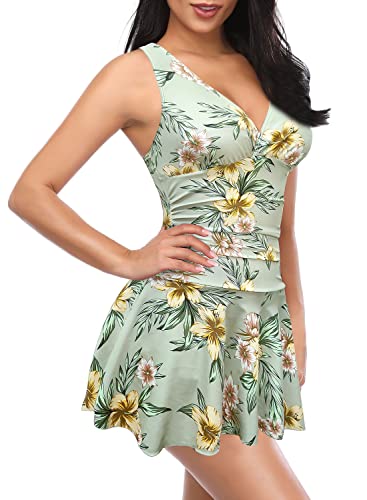 Shekini Women's One Piece Skirted Swimsuit Back Crisscross Ruched Swimdress (Flower - Green, Small) #TOP2