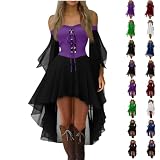 Gothic Dresses for Women Sexy Off Shoulder Lace Trumpet Sleeve Medieval Vampire Costume Halloween Witch Cosplay Dress Flowy Irregular Hem Steampunk Party Renaissance Costume(A-Purple,S)