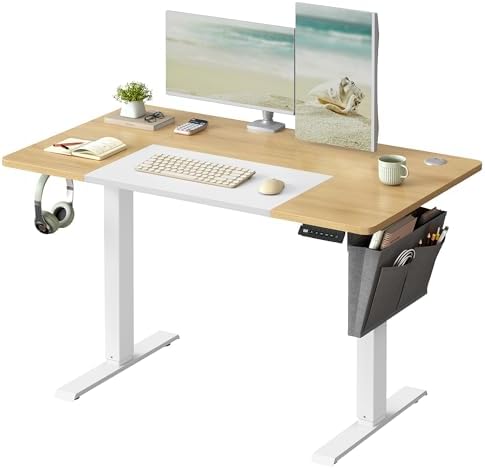 SONGMICS Escritorio Eléctrico, Regulable en Altura, 120 x 60 cm, Regulación Continua, 4 Alturas de Memoria, Puerto USB-C, Blanco Mate y Roble Natural LSD015N01