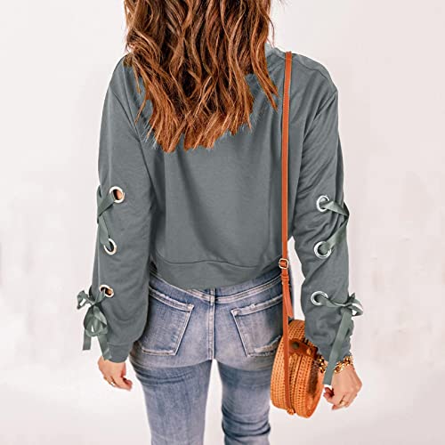 Uvwlwu Women Fashion Trend Round Neck Solid Color Pullover Casual Bandage Long Sleeved T Shirt Womens Long Sleeve Dark Gray #TOP3