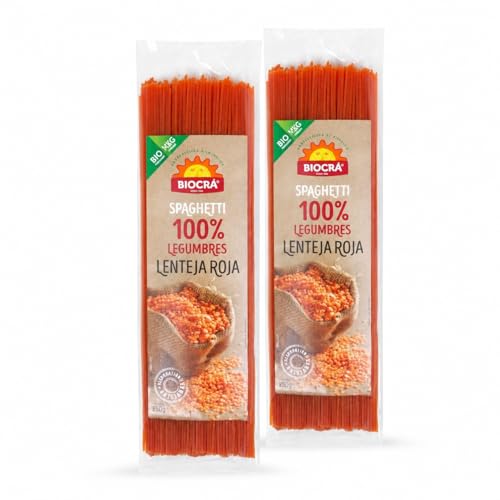 Pack 2 Spaghetti de Legumbres 100% Lenteja Roja Bio 250 g, 500 g total, pasta ecológica elaborada con harina de lenteja roja 100%, ideal para integrar legumbres en la alimentación familiar.