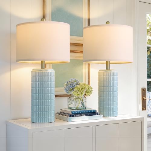 Image of PoKat 23 inch Light Blue Table Lamps Set of 2, Modern Bedside Lamps for Bedroom, Coastal Ceramic End Table Lamps for Living Room, Ocean Nightstand New Home Decor Lamps
