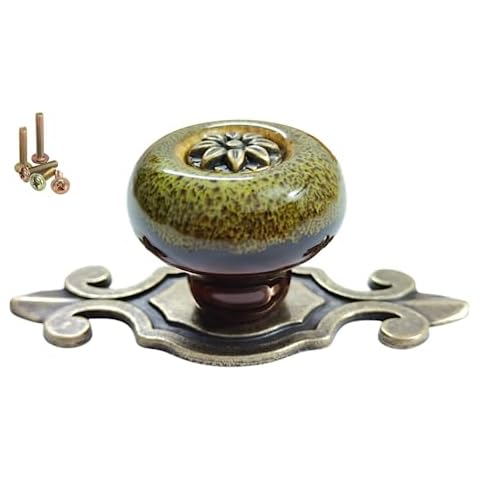 Wannianmu 5 Pack Retro Ceramic Knobs,Vintage Dresser Kitchen Petal Cabinet Pulls Rustic Zinc Alloy Base Back Plate Kid Cupboard Wardrobe Drawer Door Handles (Leopard Print Green) Cover