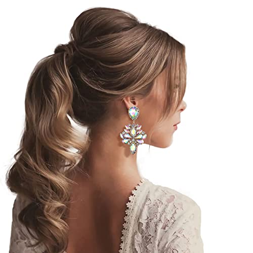 Brilove Clip-On Earrings Wedding Bridal Crystal Rhinestone Marquise Teardrop Cluster Dangle Earrings For Women Iridescent Ab Gold-Tone #TOP1