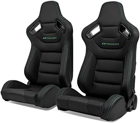 IKON MOTORSPORTS, Universal Racing Seats with Dual Sliders, Reclinable Black with Green Stitch PU & Carbon Leather Sport Bucket Seats, 1 Pair Driver + Passenger Side