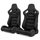 IKON MOTORSPORTS, Universal Racing Seats with Dual Sliders, Reclinable Black with Green Stitch PU & Carbon Leather Sport Bucket Seats, 1 Pair Driver + Passenger Side