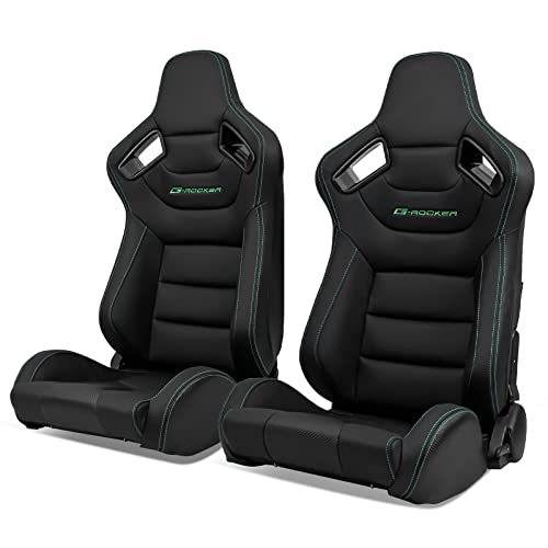 IKON MOTORSPORTS, Universal Racing Seats with Dual Sliders, Reclinable Black with Green Stitch PU & Carbon Leather Sport Bucket Seats, 1 Pair Driver + Passenger Side