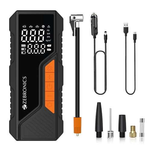 Image of Zebronics, Portable Tyre Inflator, Wired and Wireless, 150 PSI Turbo Inflation, Digital Display, 6000 mAh Rechargeable Battery, Type-C & 12V Support, Power Bank, SOS Light, Multi Nozzles (19TI6A)