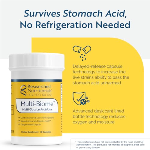 Researched Nutritionals Probiotics for Digestive Health - Multi-Biome - Live & Spore Based Probiotics for Gut Health & Immune Support + Healthy Histamine & Cytokine Activity (30 Capsules)