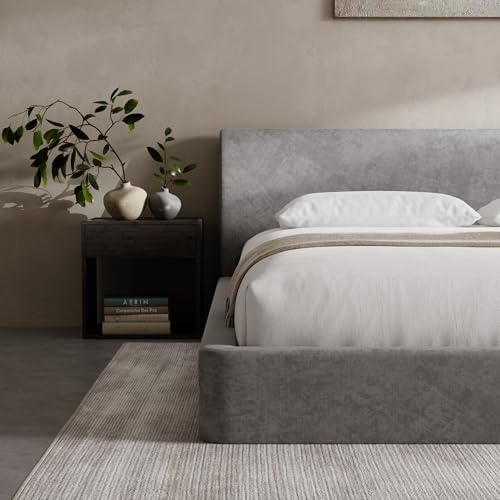Image of RECCI AirFrame Queen Bed Frame with Ergonomic Angled Headboard, 360 Cushioned Platform Bed Frame, Low Profile Minimalist Soft-Frame Bed, No Box Spring Needed, Easy Assembly, Moon Grey