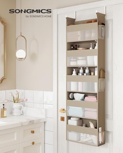 SONGMICS Over The Door Organizer, Hanging Door Organizer with 5 Large Pockets, 5-Tier Fabric Storage, Transparent Nylon Mesh, Foldable, Metal Hooks, with Side Pouches, Summer Sand URDH007Y01 image 2