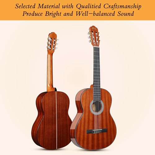 Image of WINZZ 4 /4 Classical Guitar, 39 Inch Full Size Nylon String Guitar for Beginner Adults, Full Classic Guitar Kit with Free Lessons, Gig Bag, Footstool, Capo, Tuner, Hanger and Strap (Glossy Brown)