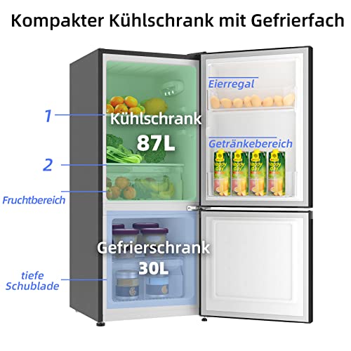 CHIQ Freistehender Kühlschrank mit Gefrierfach | Kühl-Gefrierkombination Low-frost Technologie | 12 Jahre Garantie auf den Kompressor*, Dunkler Edelstahl Look (117L) | 114 x 47 x 49,5 cm (HxBxT) – Bild 3