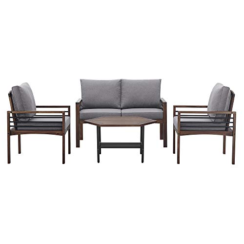 Walker Edison Azowpea4Gydb Laguna Metal And Solid Acacia Wood Patio 4 Piece Chat Set, Dark Brown #TOP18