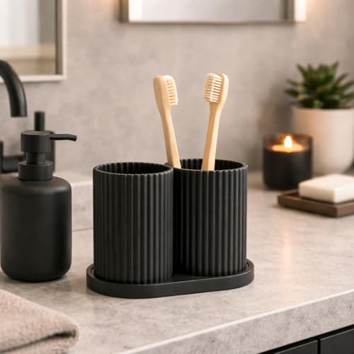 Image of Aesthetic Toothbrush Holder for Bathroom, Dual Cup Ribbed Design, Toothbrush & Toothpaste Organizer Stand, Modern Bathroom and Stationery Accessories Holder