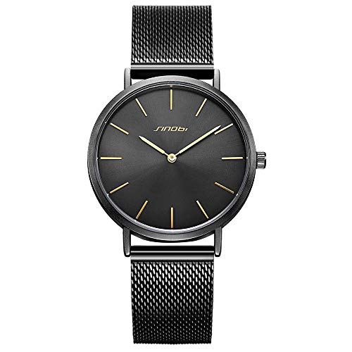 SINOBI Reloj de pulsera unisex para hombre, ultrafino, minimalista, correa de malla de acero inoxidable