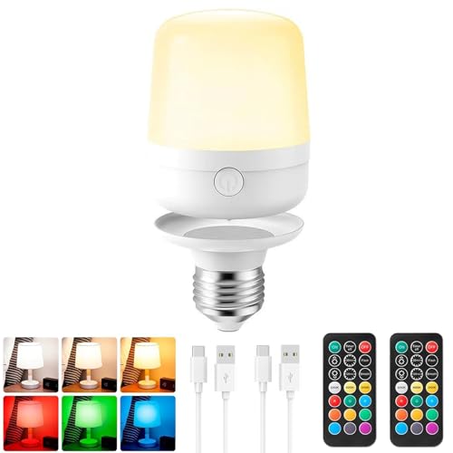 E27 Lampadina Batteria Con Telecomando, Lampadina Ricaricabile Magnetica USB Con Interruttore, LED Dimmerabile Senza Fili Lampadina Per Lampade, Lampadina RGB Colore, 400lm, Timer, 2600mah,1 PACK
