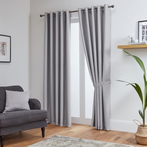 John Aird Blackout Curtains Thermal Energy Saving Eyelet Curtains for Bedroom & Living Room Including Tie Backs (Silver, W 90" x L 72" (2 Panels)