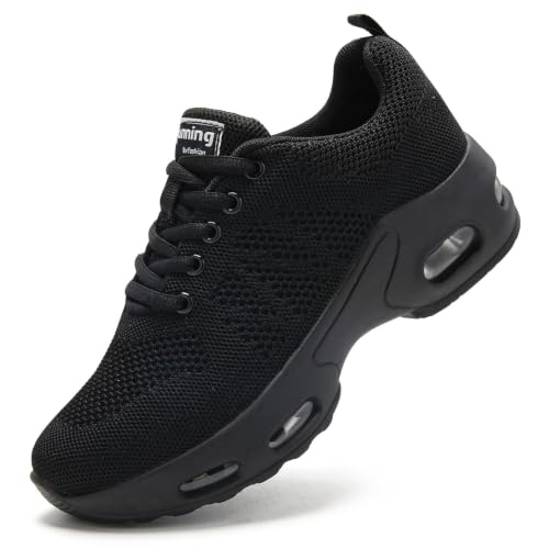 Image of Trainers Womens Black Running Shoes Ladies Air Cushion Memory Foam Plantar Fasciitis Orthopedic Shoes Comfort Cushioned Walking Shoes All Black UK 3