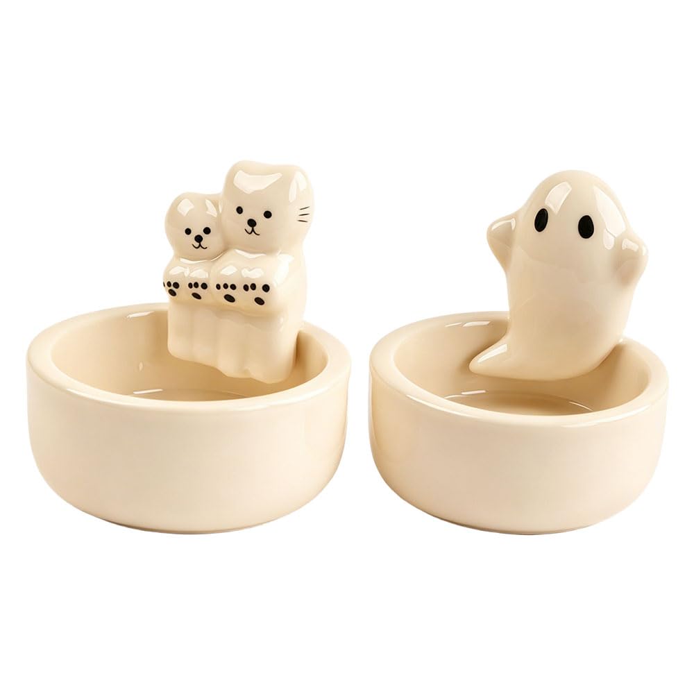 Jehoshaphat Golden 2Pcs Cute White Ceramic Cat Tealight Candle Holders, Heat Resistant Tabletop Decor With Expressive Eye Sculptures, Seasonal Gift Ornaments For Christmas, Easter Home Office Layouts