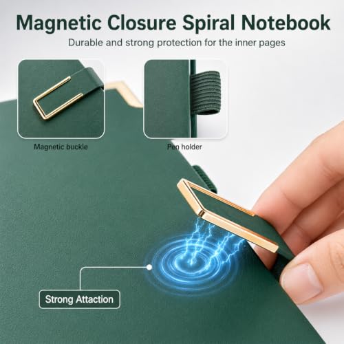Hardcover Spiral Notebooks 8.5" X 11", 5 Subject Notebook College Ruled with Magnetic Closure, 360 Pages Note Taking Leather Journal with Dividers Tabs for Work School Cute Women Writing, Green - Image 3
