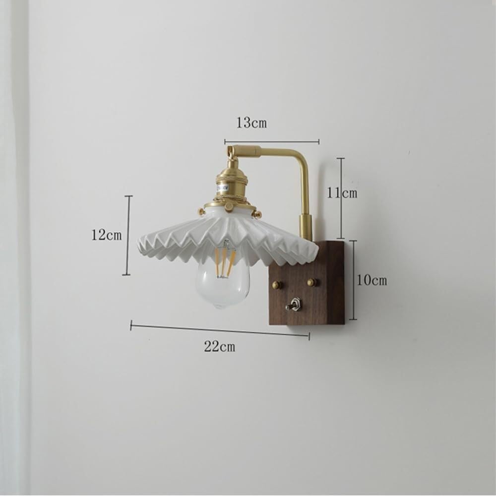 Nowoczesny mosiężny kinkiet ceramiczny klosz lampa ścienna z przełącznikiem nordycki retro drewno orzech kinkiety do sypialni przy łóżku salonu gabinetu E26/E27 gniazda
