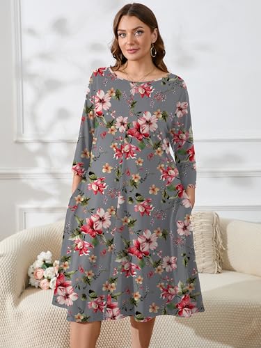 AusLook Women's Plus Midi Dresses Crew Neck A Line 3/4 Sleeves Casual Elegant Loose Flowy Wedding Guest Maternity Vacation Beach Slate Gray Watercolor Bouquet 5X Dress with Pockets — view 2