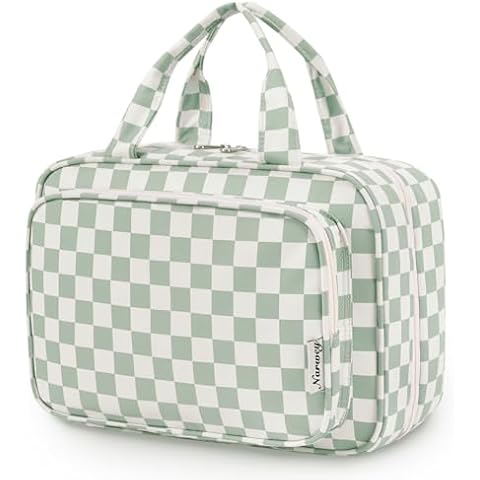 Narwey Travel Toiletry Bag for Women Large Hanging Makeup Bag Organizer Toiletries Bag for Full Size Essentials Accessories Cosmetics (Mint Green Checkerboard (Large)) Cover