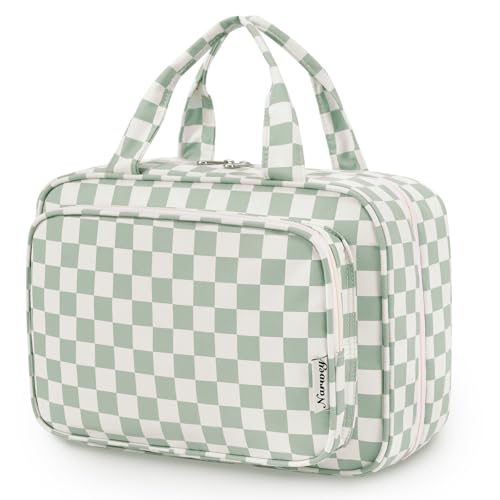 Narwey Travel Toiletry Bag for Women Large Hanging Makeup Bag Organizer Toiletries Bag for Full Size Essentials Accessories Cosmetics (Mint Green Checkerboard (Large))