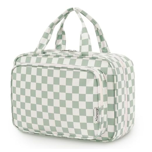 Narwey Travel Toiletry Bag for Women Large Hanging Makeup Bag Organizer Toiletries Bag for Full Size Essentials Accessories Cosmetics (Mint Green Checkerboard (Large))