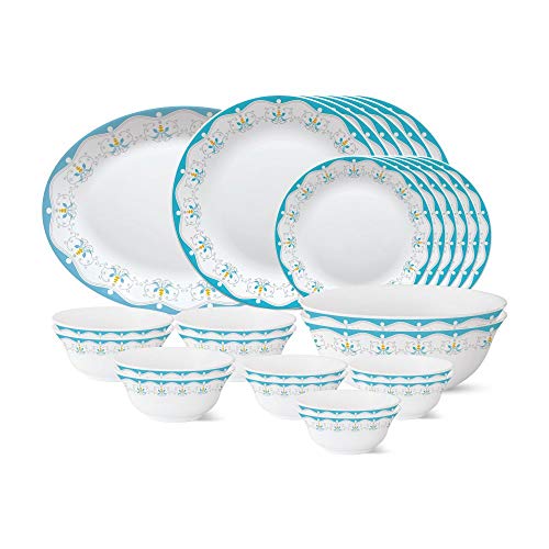 Larah by Borosil - Tiara Series, Royal Jade, 27 Pcs, Opalware Dinner Set, White