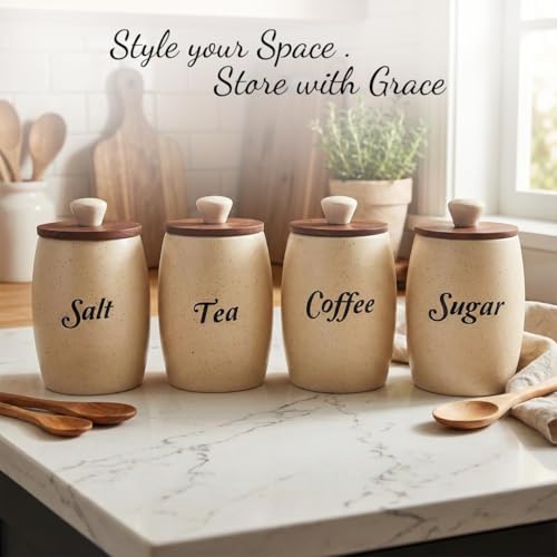 Image of Ceramic Tea Coffee Sugar Salt Containers Set of 4 with Wooden Lids | Jar and Container for Kitchen Storage Set | Multi Utility Air Tight Kitchen Organizer Items (Hand-Painted, 400 ML)