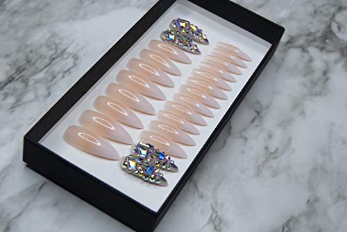 IMPRESSED Luxury Press on Nails 24 pcs Long Fake Stiletto Nail Tips French Nude Ombré Rhinestone Design False Nails with Adhesive Nail Glue Tabs (French Nude Ombre)