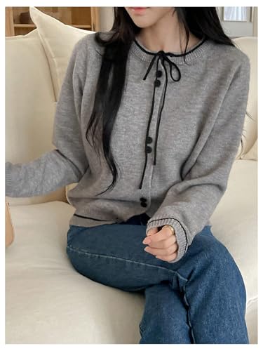 GORGLITTER Women's Bow Button Up Fall Short Cardigan Sweater Dressy Trendy Cute Long Sleeve Cable Knit Light Sweater Top3