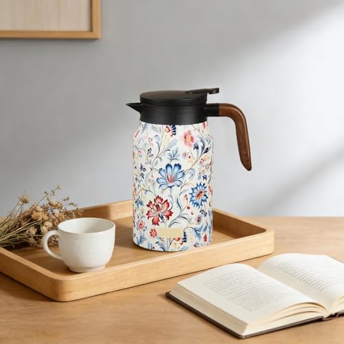 Vintage Floral Pattern Tea Pots, Large Stainless Steel Tea Pot with Detachable Strainer, 50oz Thermal Carafe for Home, Office & Party Use (Color-F)