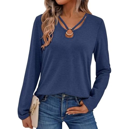 Women’s Long Sleeve Tops Keyhole Neck Detail Crew Neck Shirts Ring Cut Out Design Stretchy Tees 2025