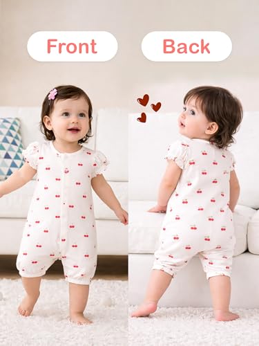 Image of Kidbea Organic Cotton Baby Romper for Infant Girls Front Button Half Sleeve Jumpsuit | Cute Printed Newborn Baby Girl Daily Comfort Wear