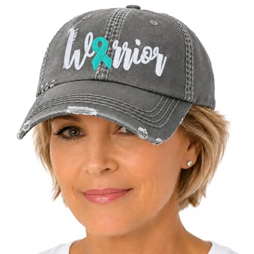 Distinct Headwear Warrior Ovarian Teal Cancer Ribbon Hat, Baseball or High Ponytail Cap, Handmade Embroidered Cute, Chemo Support Walk Run Gift Clothing for Her Wife Mom Friend, Chemo Chemotherapy
