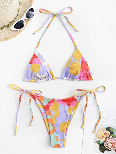 Image of ZAFUL Womens Printed Triangle Bikinis 2 Piece Halter Bikini Sets High Cut Bathing Suit Side Tie Swimsuits