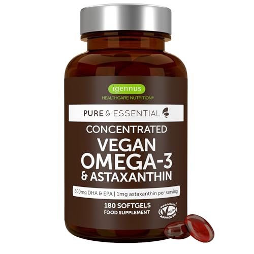 Igennus Vegan Omega-3 Algae Oil, IAOS Tested Pure & Sustainable, 90 Servings, DHA 400mg & EPA 200mg, with Astaxanthin Antioxidant, 180 Small Easy-to-Swallow Softgels