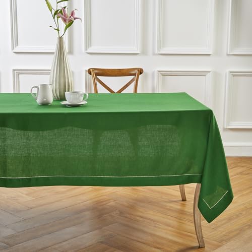 Solino Home Garden Green Linen Tablecloth 60 x 144 Inch - 100% Pure Linen Hemstitch Table Cloth for Rectangle Tables - Classic Hemstitch, Washable Tablecloth