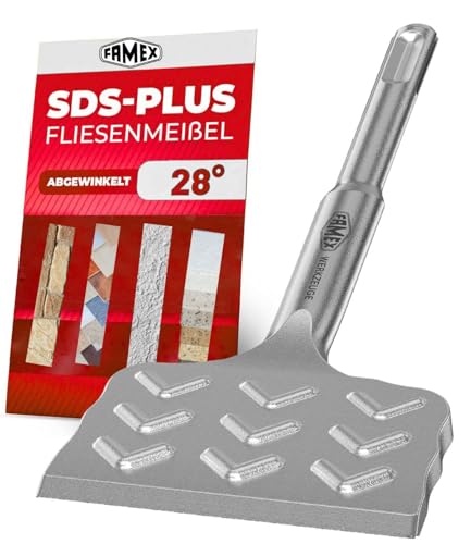 FAMEX 8342 SDS-Plus Ciseau à carrelage 165 mm, bord de coupe extra large de 75 mm, coudé pour enlever facilement les carreaux, acier haute performance