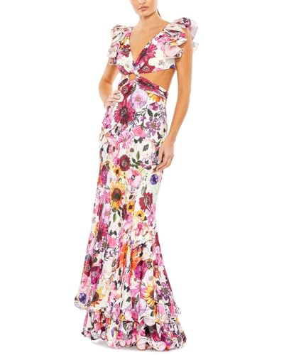 Ruffle Shoulder Floral Print Multicolor Cut Out Gown by Mac Duggal