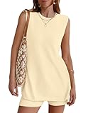 NENONA Women's Summer Sleeveless Sweater Sets Casual Knit Tunic Tops and Shorts 2 Piece Outfits,Apricot,M