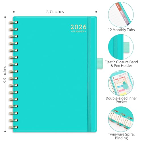 Image of RETTACY 2025 Planner, Weekly and Monthly Planner, Jan 2025 - Dec 2025, 5.7 inch x 8.3 inch, Medium Planner, Calendar 2025, Flexible Cover, Spiral Bound, Monthly Tabs, 100 GSM Paper (Tiffani Blue)