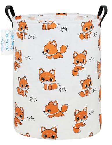LANGYASHAN Laundry Basket Canvas Fabric Collapsible Organizer Basket for Storage Bin Toy Bins Gift Baskets Bedroom Clothes Children Nursery Hamper (Round Fox)