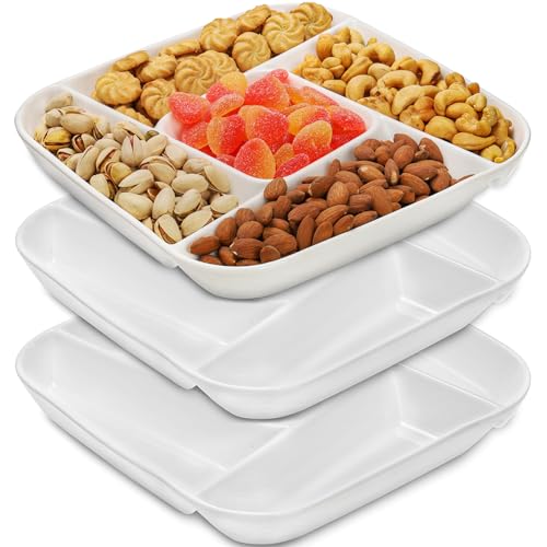 DEAYOU 3 Pack Ceramic Chip and Dip Serving Tray, Porcelain Divided Serving Platter, 10" Decorative Sectional Appetizer Plate, 5-Compartment Stoneware Relish Fruit Dish for Veggie, Snack, Entertaining - Thumbnail 3