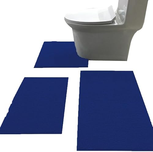 Madeals Chenille Bath Rug Set 3 Piece Bathroom Contour Rugs Combo, Soft Shaggy 2 Piece Bath Shower Mat and U-Shaped Toilet Floor Rug Navy Blue